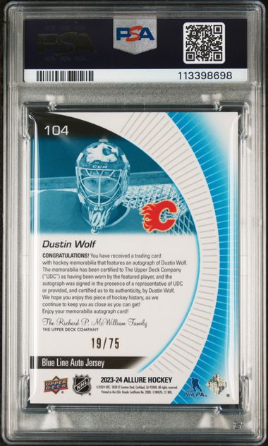 2023 UD Allure Dustin Wolf Autograph Jersey-Blue Line | PSA 8