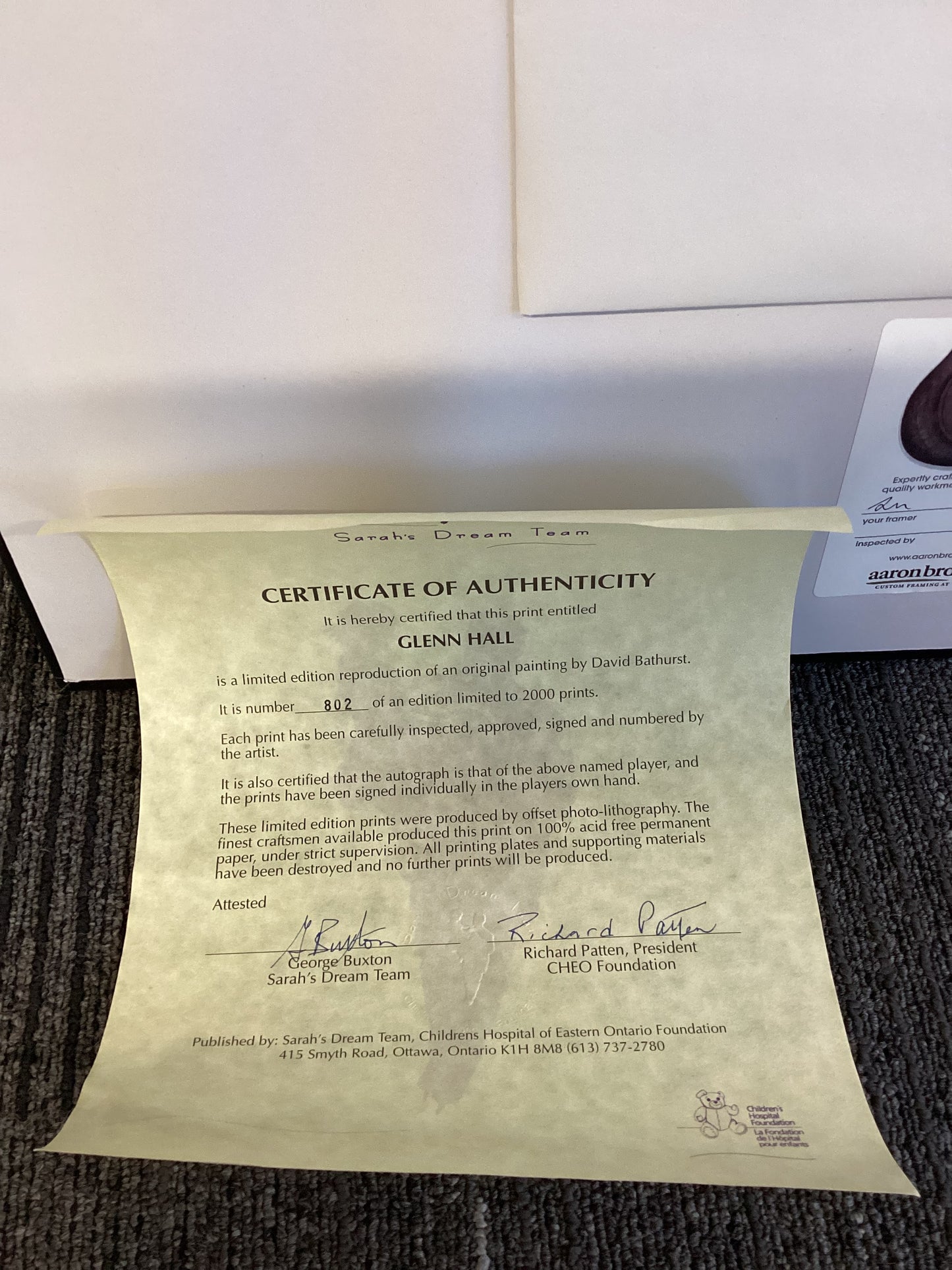Glenn Hall Auto Print /2000 with COA Framed