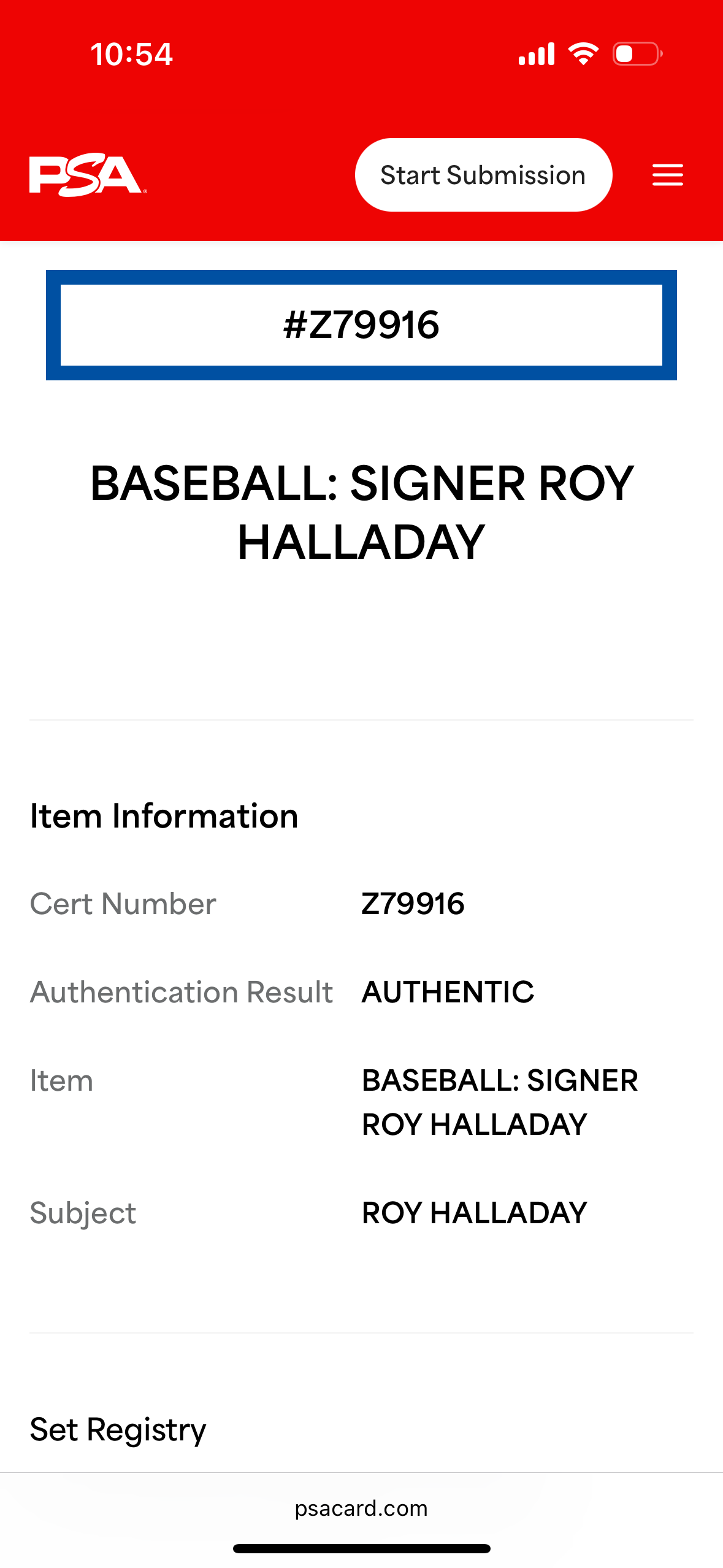 Autographed Baseball of Roy Halladay with PSA C.O.A