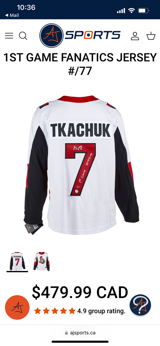 Brady Tkachuk 1st Game /77 Auto Jersey AJ COA
