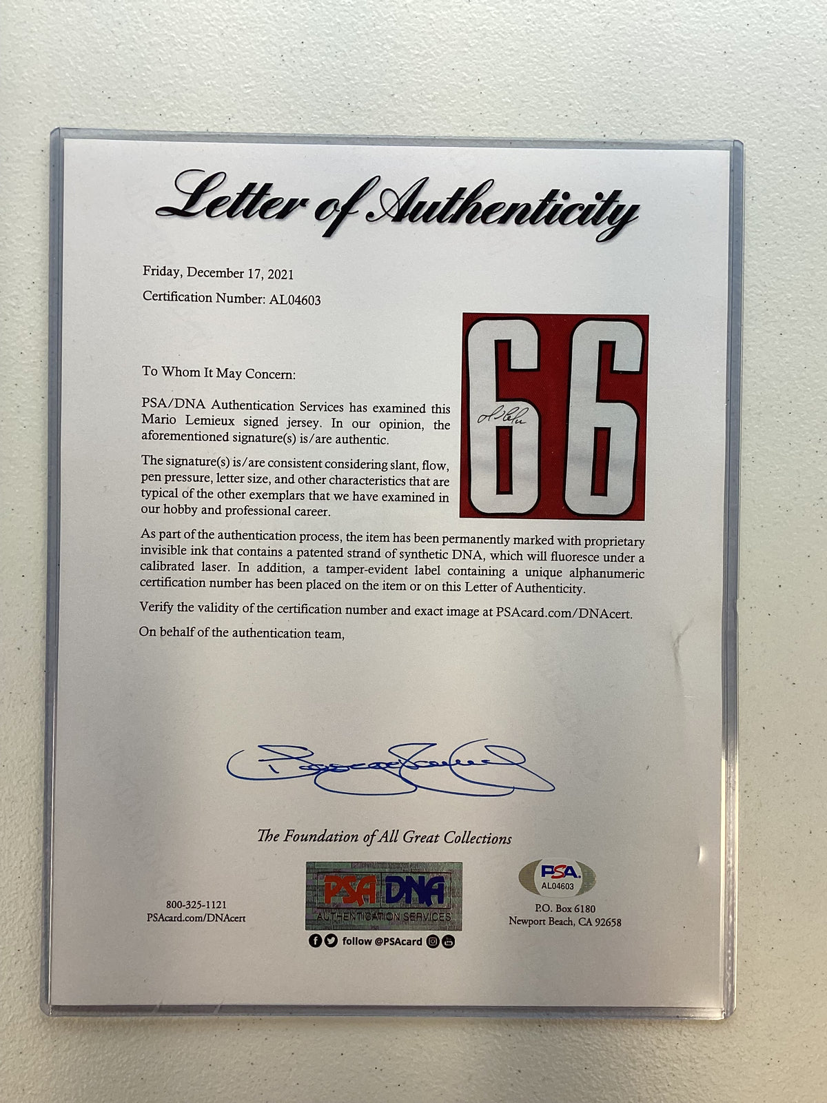 Lemieux Team Canada Jersey auto PSA COA with frame