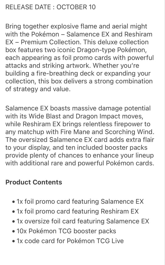 POKEMON EX PREM COLL SALAMENCE & RESHIRAM