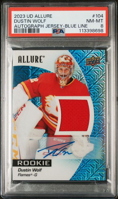 2023 UD Allure Dustin Wolf Autograph Jersey-Blue Line | PSA 8