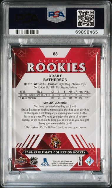2018 Ultimate Coll. Drake Batherson Jersey | PSA 9 | POP 1