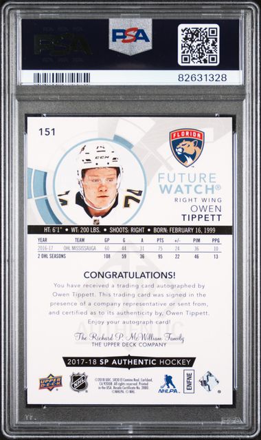 2017 SP Authentic Owen Tippett Autograph | PSA 10